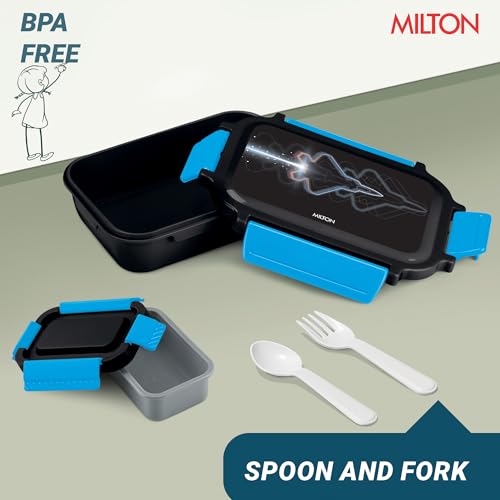 Image of MILTON Super Sherry Tiffin Lunch Box for Kids Boys & Girls with Leak-Proof Inner Container| Food Grade,BPA Free,Compact & Durable Snacks Box for Kids I Plastic Spoon & Fork, 780 ml, Black