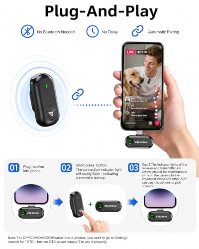 Image of VELOMAX Mini Microphone Mic Wireless for YouTube, Magnetic Mic Wireless for Vlogging Type C Plug & Play Recording Mics for Video Live Streaming 65FT Range Stable Connection for Android /PC /iPad