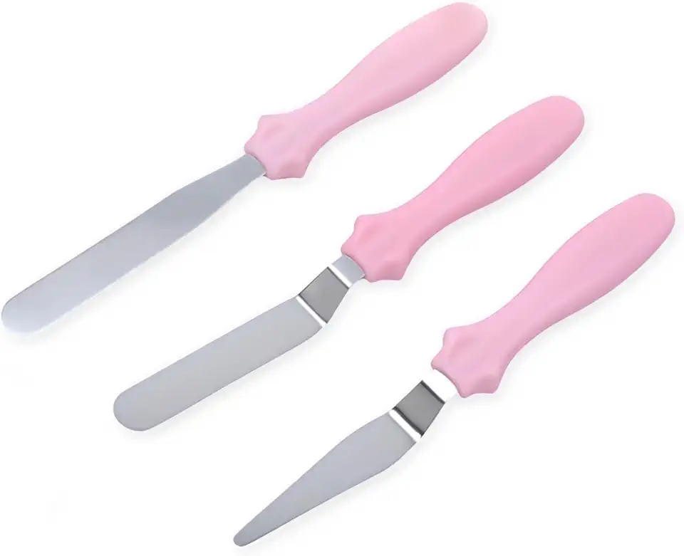 Kit 3 Espátulas Para Confeitaria Ganache Decoração de Bolo Alisar Quinar Em Inox (Rosa)