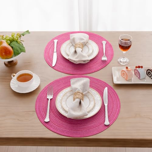 Image of SHACOS Round Placemats Set of 4 Round Table Placemats Braided Cotton Place Mats 15 inch for Kitchen Dining Table Holiday Party (Hot Pink, 4)