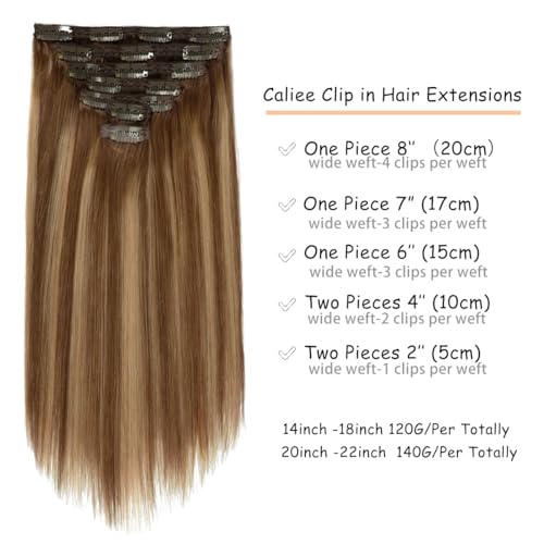 Caliee Balayage Chocolate Brown and Caramel Blonde with Brown Roots 18inch Clip in Hair Extensions Human Hair Silky Straight 120 gram Double Weft Lace Clip in Hair2