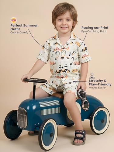 Image of POLKA TOTS Cotton Boys Summer T-shirts and Shorts Combo Set | Premium Printed Shirt & Shorts Combo| Summer Toddler Outfit for Kids | Co-Ord Set For Boys | Racing car Print | Light Green 2-3 Y