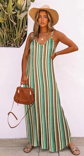 Image of Bluetime Women Summer Spaghetti Strap Maxi Dress V-Neck Sleeveless Flowy Boho Floral Beach Long Dress with Pockets