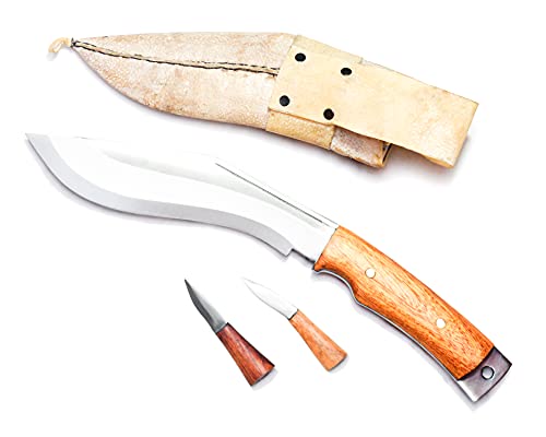 MASUM Faca Kukri, lâmina de aço carbono de 20 cm, cabo de jacarandá, bainha de couro, 2 facas pequen