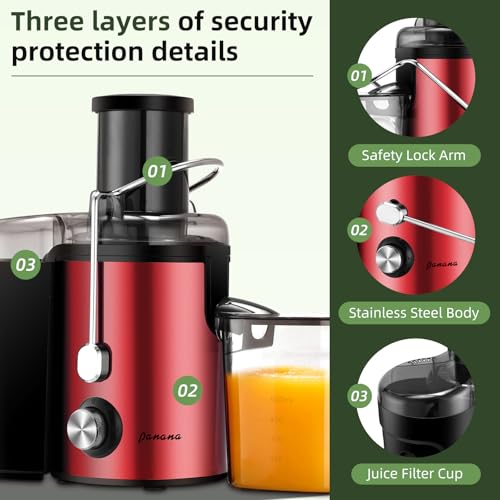 Image of Panana Centrifugal Juicer Extractor with Wide Mouth 3 inch Feed Chute for Fruit Vegetable, Easy to Clean, Stainless Steel, BPA-free (Red)