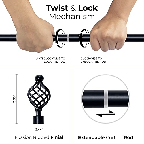 Image of Deco Essential 66 inch-120 inch Extendable Curtain Rod For Door & Windows Adjustable Length Heavy Duty Iron Telescopic Drapery Pole With Swirl Finials (3 /4 inch Diameter, Black Matt)