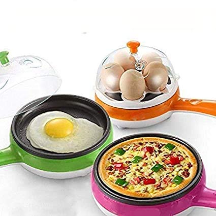 BRAND GALLERY Kitchen 2 in 1 Electric Egg Frying Pan with Egg Boiler Machine Measuring Cup with Handle Egg Cooker Electric Egg Frying Pan Egg Cooker (Multicolor, 6 Eggs)