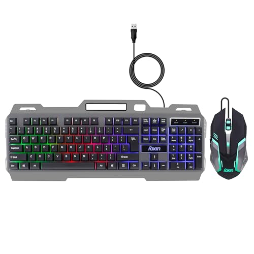 FOXIN Thunder Gaming Keyboard and Mouse Combo | Rainbow Backlit Membrane Keyboard (104 Keys) with Phone Holder | 3600 DPI | 6 Button Mouse | Metal Body | Wired Gaming Combo for PC & Laptop