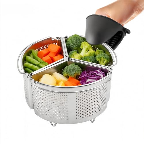 Cestello per Pasta Separata, 3 Pezzi Inserto per Cottura a Vapore con Guanti in Silicone 18 x 18 x 11 cm Cestelli Divisori in Acciaio Inox con Manici e Basi per Pasta Verdure Piccoli Frutti di Mare