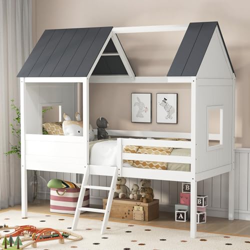 KOTEK - KOTEK Twin House Bed, Wooden Low Loft Bed with Ladder & Guardrails, House Loft Bed Frame with Windows & Roof for Kids, No Box Spring Needed - -7%