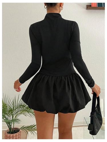 GORGLITTER Women's Long Sleeve Bubble Mini Dresses Y2k Mock Neck Short Dress Going Out Dress2