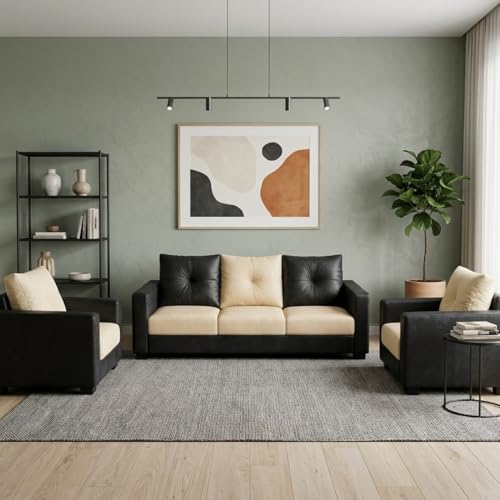Image of FURNY Heritage 3 Seater + 1 Seater + 1 Seater Leatherette Sofa Set (Black-Cream) | Durable Comfort | Ideal for Living Room