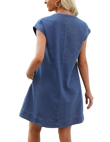Denim Dress for Women,V Neck Jean Dresses Short Sleeves Denim Romper Dress with Pockets3