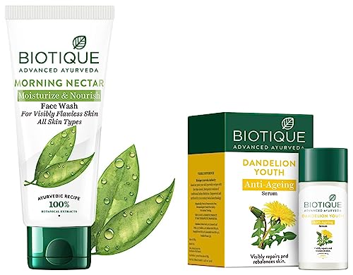Image of Biotique Bio Dandelion Visibly Ageless Serum, 40 ml and Biotique Morning Nectar Flawless Face Wash, 150ml
