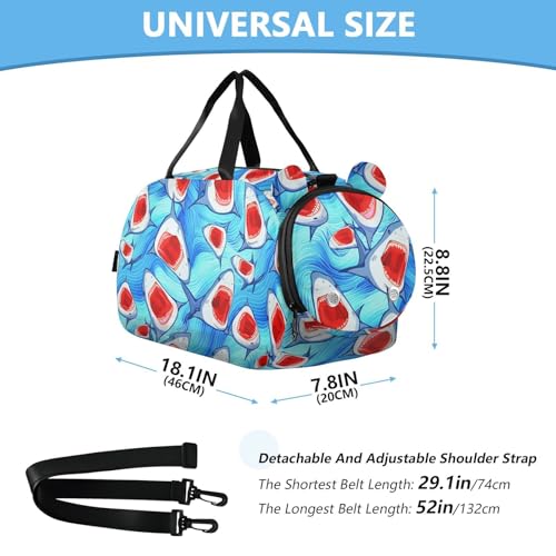 Sharks Blue Kids Travel Duffel Bag for Boys Girls Overnight Weekend Tote Bag with Shoes Compartment for Trip Beach Swim3