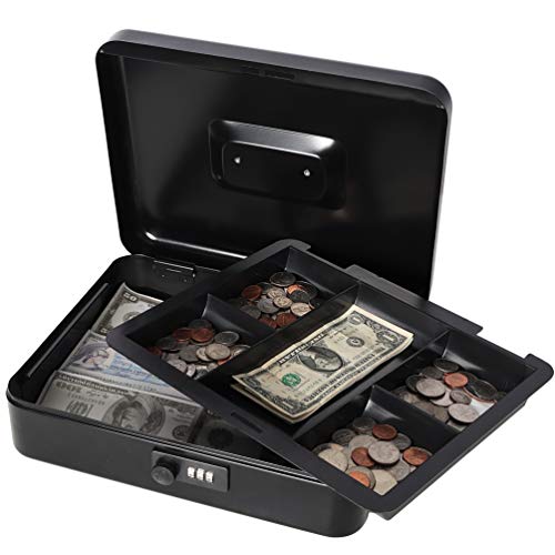 Image of Safe Metal Cash Box with Combination Lock, Decaller Large Lock Storage Money Box with Money Tray, Black, 11 4 /5 inch x 9 2 /5 inch x 3 1 /2 inch, QH3001L