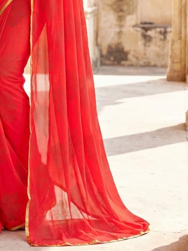 Image of SAREE MALL Women's Red Chiffon Floral Embellished Saree With Unstitched Blouse Piece (DOLY2604 AI2)