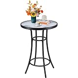 BENAROME Outdoor Height Bistro Table, Glass Round Patio Table, Outdoor High Top Coffee Table with Wa