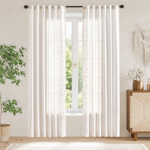 Image of jinchan White Floral Linen Curtains for Living Room 84 inch Back Tab 2 Panels