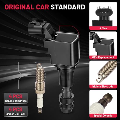 Image of BDFHYK Ignition Coil Pack UF491 and Iridium Spark Plugs 12578224 Compatible with Chevy Malibu HHR Cobalt Equinox Capitva Sport Buick LaCrosse Regal Verano GMC Terrain Pontiac Saab 9-5 Saturn Set of 4
