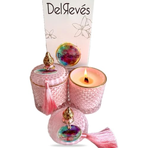 DelRevés Sakura Whispers. Vela Aromática grande de lujo. Vela decorativa de soja con mecha de madera. +50 horas de Combustión. Perfumada a Flor de cerezo y leche de arroz. Regalo mujer