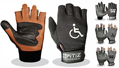 FITIZ Guantes para silla de ruedas, guantes de piel auténtica con palma acolchados, transpirables, guantes de bicicleta sin dedos con agarre antideslizante, guantes de ciclismo ligeros (negro, L)