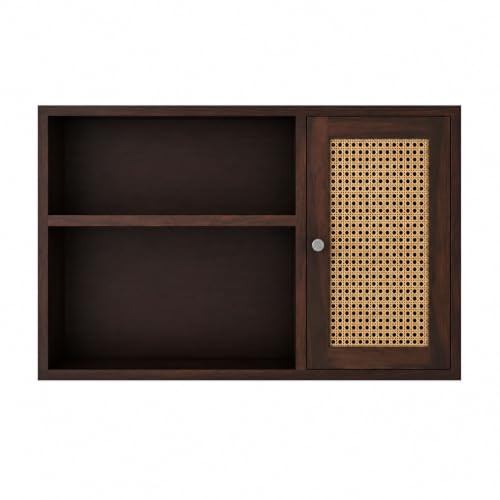 Image of Solid Sheesham Wood Wall Mounted Cabinet with Rattan Door, 71x46x18 cm | Sheesham Wall Mount Shelf, Book Storage Rack for Living Room | Bedroom | (Dark Walnut Can)