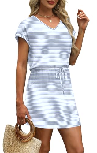 Image of OFEEFAN Summer Dresses for Women 2026 V Neck T Shirt Casual Mini Dresses Tie Waist Sundresses with Pockets