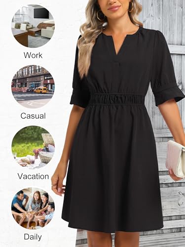 Image of Loemes Womens Casual Work Drop Waist Sunresses Business V Neck Midi Ruffle Sleeve Solid Color Flowy Summer Dress with Pockets