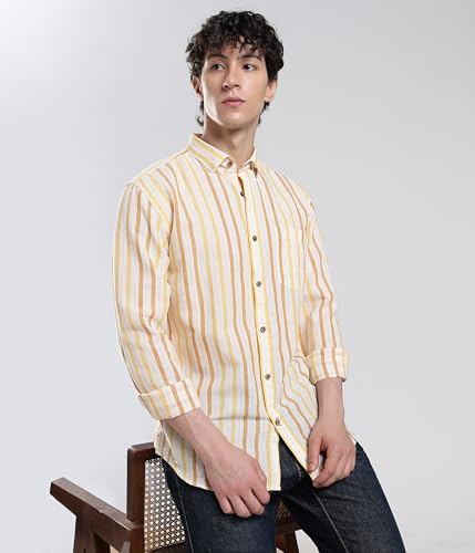 Image of TURMS Men's Casual Striped Linen Shirt | Water Repellent | Anti Stain Anti Odor | Kansas Linen | Concealed Button Down Collar | Full Sleeves
