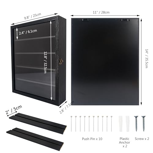 Image of FramePro 11x14 Display Case with Adjustable Shelves Black, 4-Tier Memory Shadow Box for Wall, Deep Wooden Keepsake Display Shelf with Locking Door for Memorabilia, Photos, Medals, Wedding, Home Decor