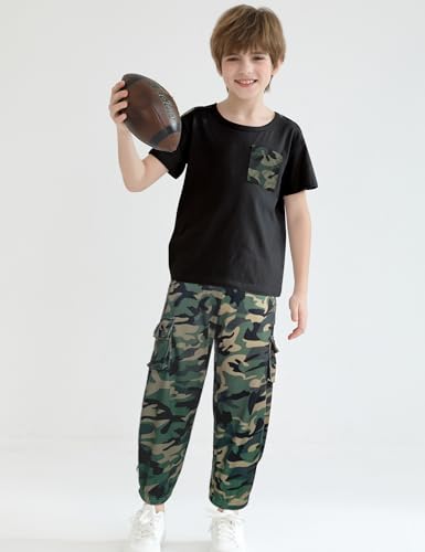 Image of mksodopy Boys Clothes Outfits Set, Camo Cargo Pants and Short Sleeve Pocket Tee 2PC Summer Tracksuit for Kids 5-16Y