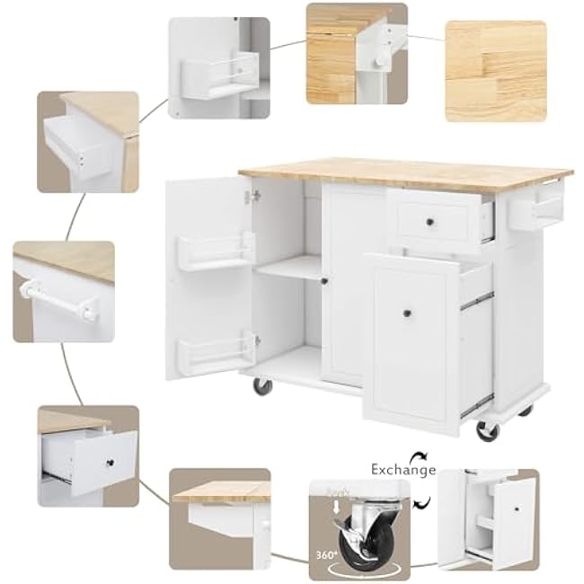 Maximize Kitchen Space with Rolling Kitchen Island Cart, Drop Leaf Tabletop & 3-Tier Storage Organizer, White-ksRxV8ky
