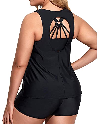Image of Holipick Women Plus Size Swimsuits - Athletic 3 Piece Tankini with Shorts | Sports bikini top, high waist shorts, tank top, removable pads. Athletic style for water activties