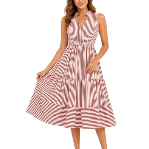 Image of BROVAVE Womens 2026 Summer Sleeveless Shirt Dress Collar Striped V Neck Casual Midi Dresses