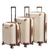 Rocklands® Expandable 4 Wheel ABS-PC Hard Shell Luggage Suitcase TSA Lock (Cream, 3 Peice Set (S+M+L))