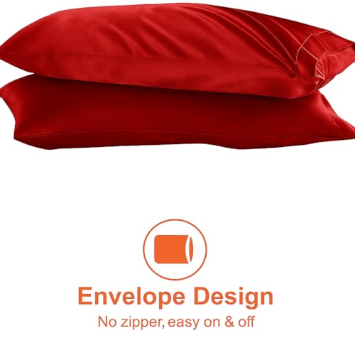 Image of Satin Pillow Covers Set of 2 - Soft & Smooth Pillowcases for Hair & Skin Care | Envelope Closure | Includes 3 Free Random Color Scrunchies | Frizz-Free Sleep Essentials (Red)