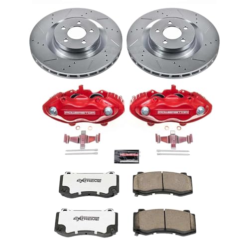 Image of PowerStop Rear Brake & Caliper Kit for Chevrolet Caprice 1994-96 | Chevrolet Impala 1994-96 - Carbon-Fiber Ceramic Brake Pads + Drilled & Slotted Rotors + Red Powder Coated Calipers, KC5064
