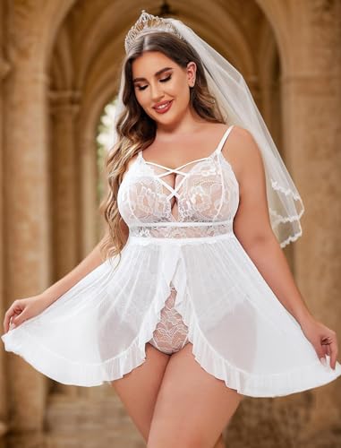 Image of SSoShHub Women's Plus Size Lingerie Beautiful Babydoll Snap Crotch Lace Chemise Ruffles Nightwear Bodysuit with Babydoll