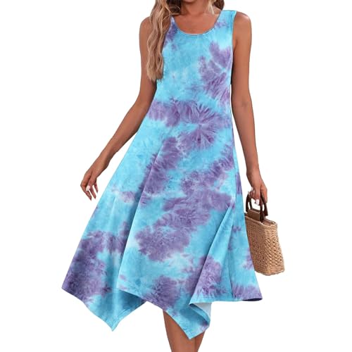 Summer Dresses for Women Summer Floral Casual Sundresses Beach Flowy Midi Tank Dresses Hankerchief Hem Sleeveless Dress