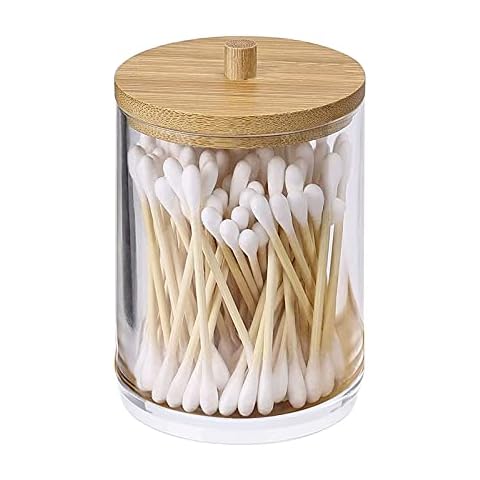 Olymajy Cotton Pad Holder with Bamboo Lid Acrylic Clear Cotton Bud Holder, Cotton Pad Dispenser for Dressing Table, Cosmetic Swab Organizer, Suitable for Bedroom, Desk and Bathroom Cover