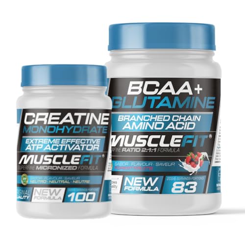 MuscleFit - Pack Glutamina + BCAA´s 500g Sabor Frutas del Bosque + Creatina Monohidrato 300g