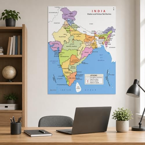 Image of SAF India Political Map Wall Art | States & Union Territories with Capitals | Educational Geography Chart Vinyl Poster for Home, School & Office Decor 12 Inch x 18 Inch