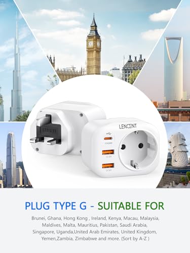 Adaptateur Prise UK LENCENT Type G avec Charge Rapide QC3.0 PD20W pour Voyage Angleterre