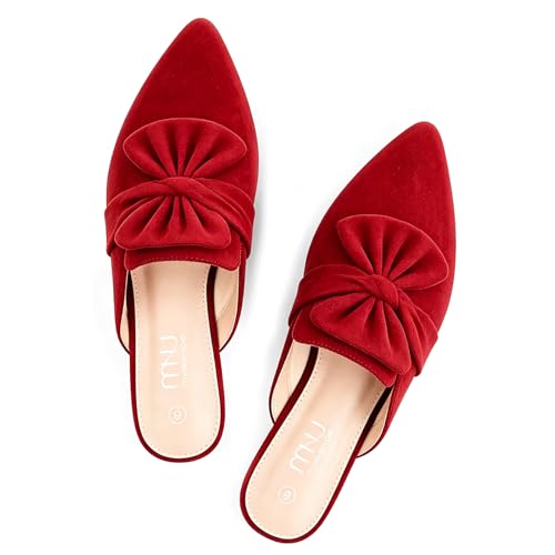 Image of MUSSHOE Pointed Toe Women's Bow Mules: Slip On Backless Loafers - Dressy Casual Flat Shoes for Office Work & Everyday Wear