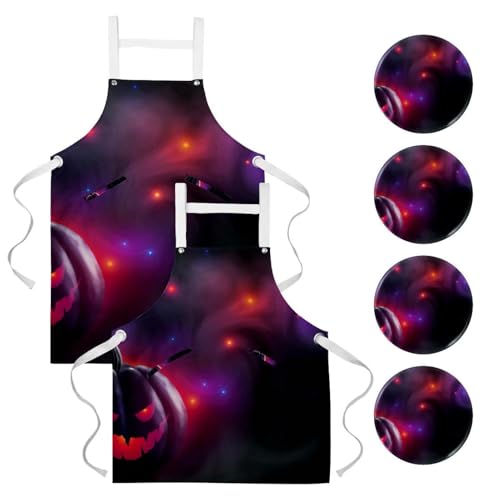 Lot de 2 tabliers de cuisine avec 4 broches motif citrouille noire