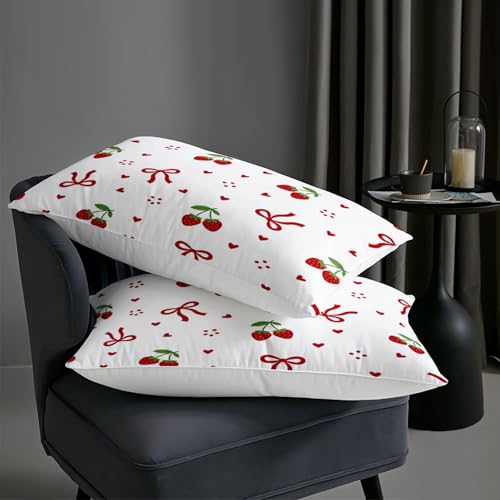 Image of AILONEN Sweet Fruit Comforter Full 3 Piece Coquette Ribbon Bedspread Red Cherry Style Print Quilt Cute Room Decoration White Patterned Padded Cover 2 Shams
