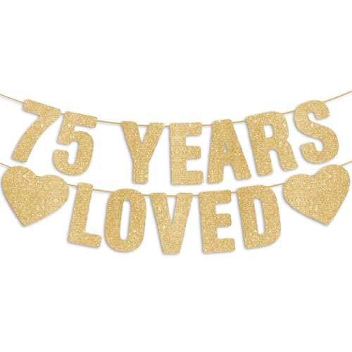 Pre-Strung 75th Birthday Banner - Gold Glitter, Happy 75th Birthday Party Decorations for Women & Men, 75 Year Old Anniversary Decor Bday Sign Gifts