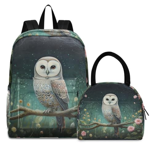 Fantastic Floral Owl Print Backpack Set with Lunch Bag, Large Capacity Travel Backpacks and Lunch Box Insulated for Commute Hiking Picnic