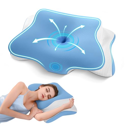 APCE Almohada Cervicales y Cuello Viscoelástica, Almohada Cervical Ergonómico Ortopédica para Soporte de Cabeza/Cuello/Hombro, con Funda de Almohada de Seda Refrescante Lavable, 66x39x10/13cm, Azul